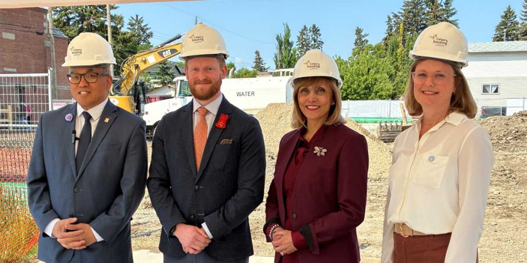 The groundbreaking announcement in Mount Pleasant on June 5, 2025, is attended by (L to R) Ward 7 Coun. and CH Board member Terry Wong, City of Calgary Chief Housing Officer Reid Hendry, Calgary Mayor Jyoti Gondek, and CH President and CEO Sarah Woodgate.